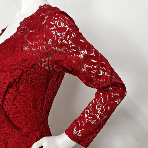 MissMay Red Floral Lace Romantic Goth V-Neck Faux Wrap Retro Swing Dress Size M - Picture 3 of 9